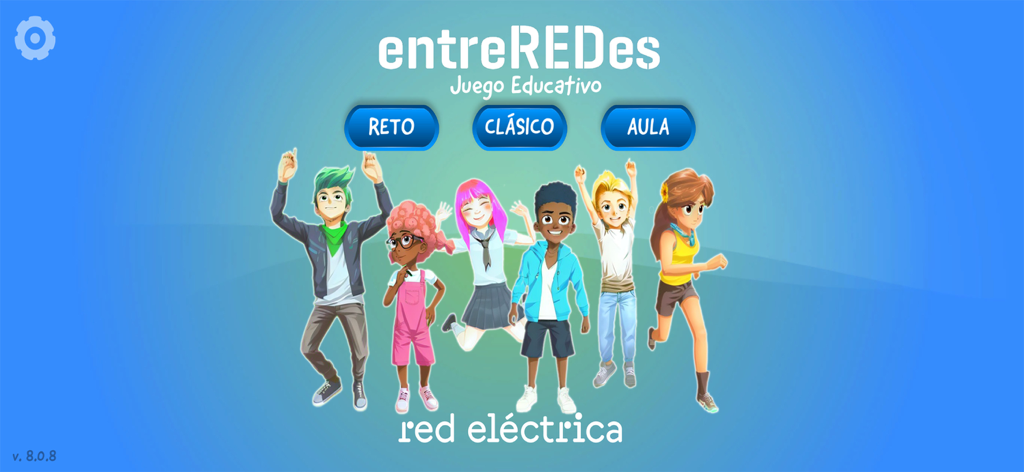 entreREDes - Main menu screen of the entreREDes educational game featuring cartoon characters and buttons for Reto Clasico and Aula game modes