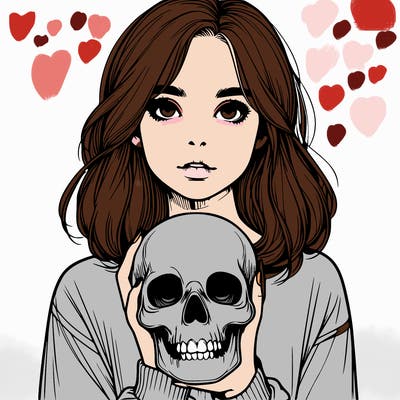 realistic girl holding a skull