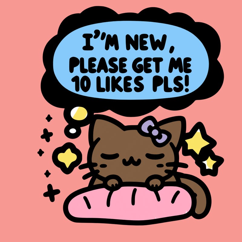 kitty taking a nap dream talking and saying "i'm new, please get me at least 10 likes pls!!"