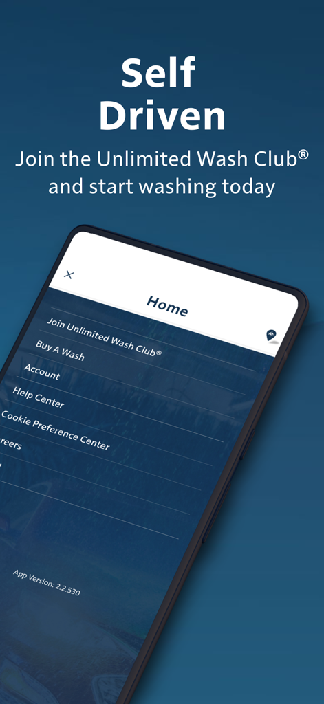Mister Car Wash app home screen showing the main menu to join the Unlimited Wash Club and buy a wash.