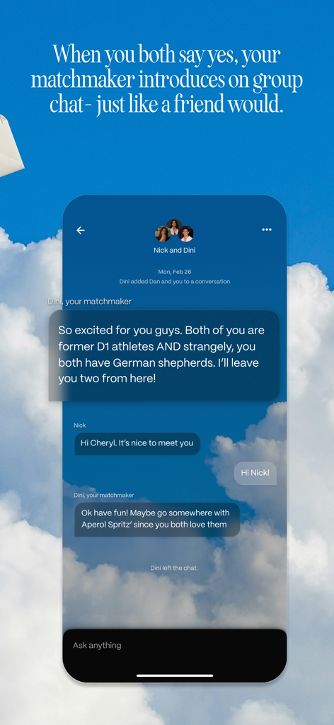 Sitch dating app interface showing a matchmaker introducing two users in a group chat to facilitate a conversation