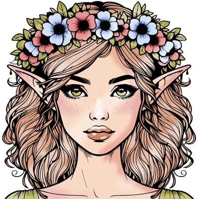 realistic female elf with flower crown