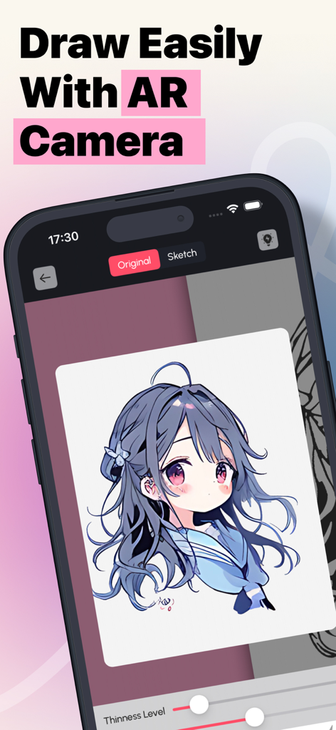 AR Drawing: Sketch Trace Draw - AR Drawing app interface showing an anime girl template for tracing with an AR camera