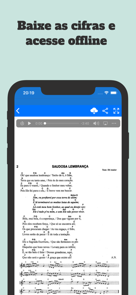 Harpa Cristã: Hinos com áudio - Smartphone screen showing Harpa Cristã hymn lyrics with musical chords and offline download feature