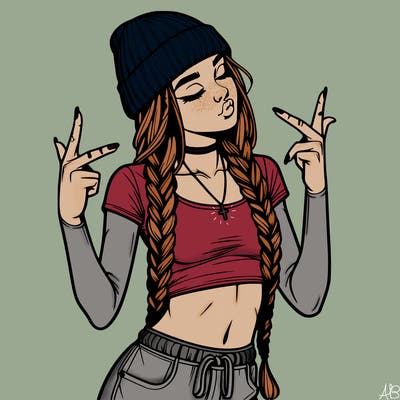 realistic teenage girl with braids and a beanie and crop top doing 🫶🏼