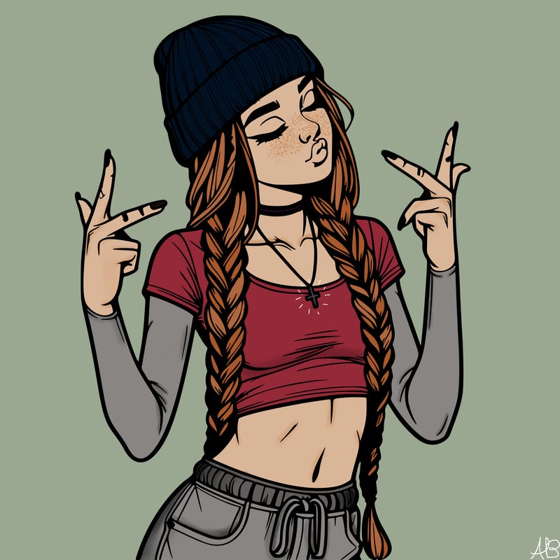 realistic teenage girl with braids and a beanie and crop top doing 🫶🏼