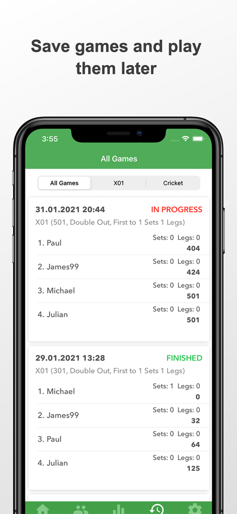 Screenshot of the Darts Scoreboard app showing a list of saved games with player names and scores