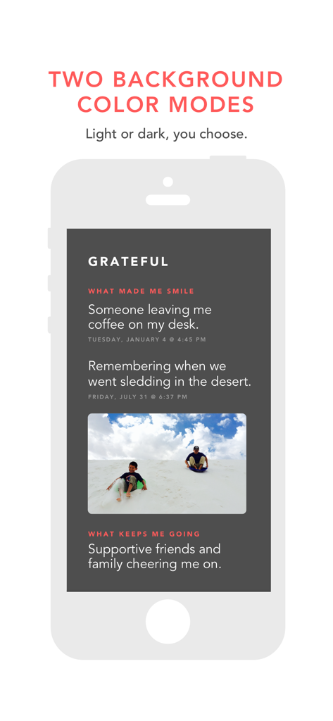 Grateful app interface in dark mode showing journal entries and a photo.