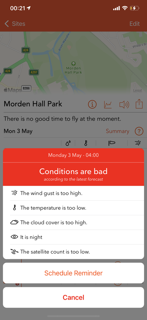 A smartphone screen from the Windsock app showing a red warning notification that flight conditions are bad for drone pilots.