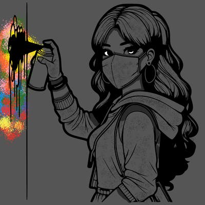 realistic girl with mask spray painting a wall