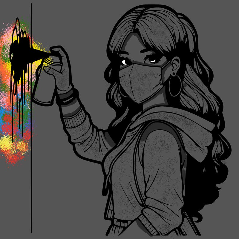 realistic girl with mask spray painting a wall