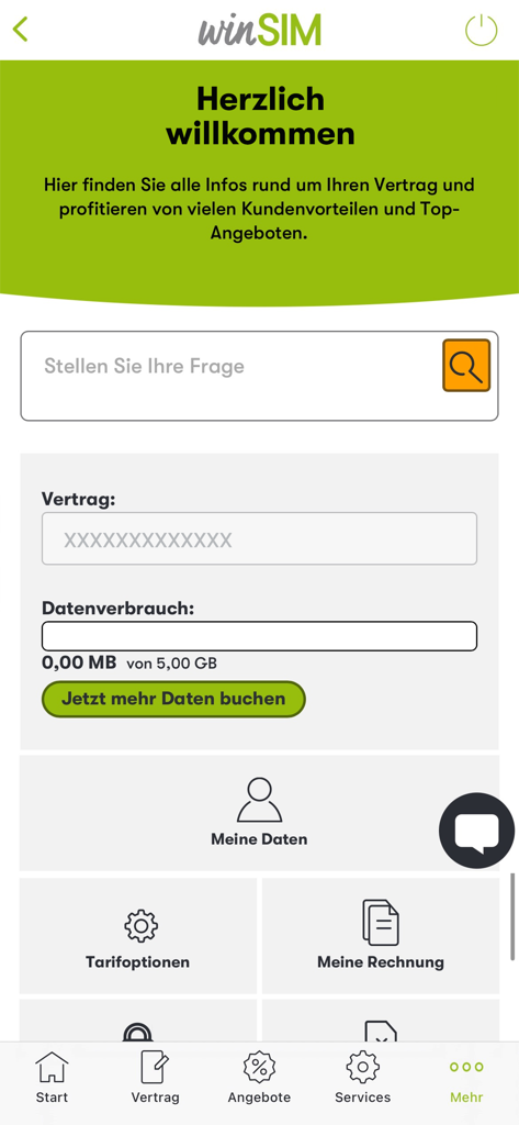 winSIM Servicewelt - Dashboard der winSIM Servicewelt-App mit Anzeige des mobilen Datenverbrauchs und Optionen zur Kontoverwaltung