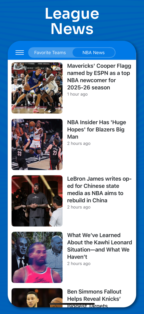 NBA League News feed on the Superfan Sports Pro Basketball app.