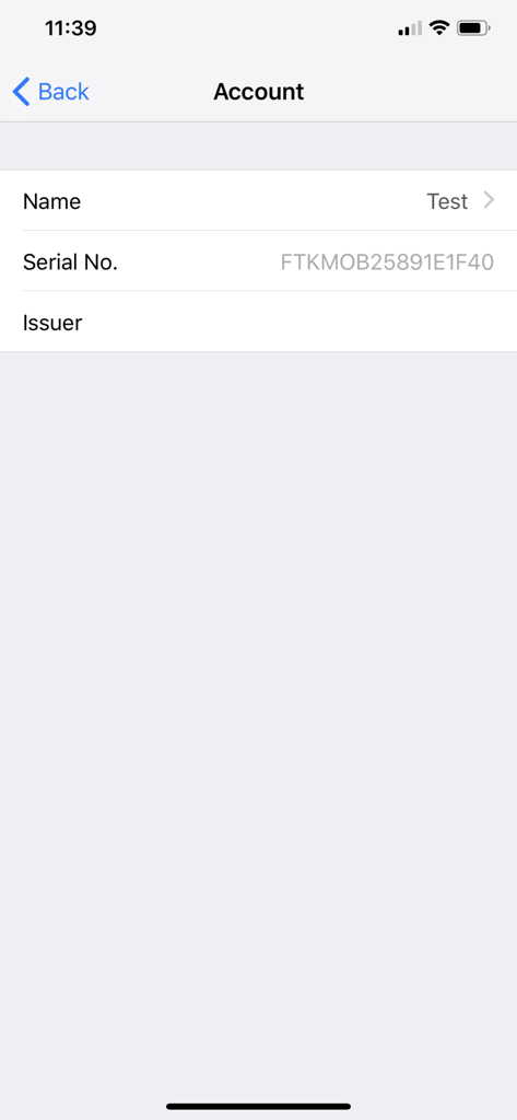 FortiToken Mobile account details screen showing token name and serial number