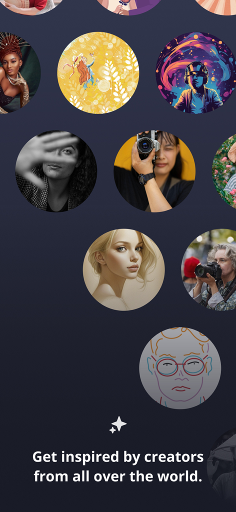 Uma colagem de diversos retratos de criadores globais e ilustrações digitais na aplicação Pixabay.