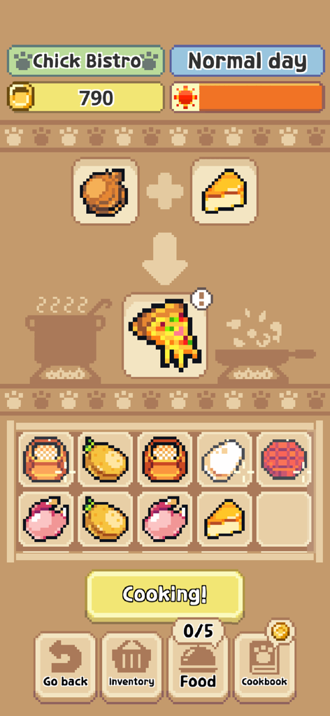 Meow Bistro! - Schermata di gioco di Meow Bistro che mostra ingredienti combinati per cucinare una pizza in pixel art