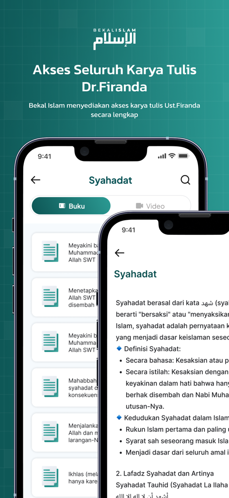 A screenshot of the Bekal Islam mobile application showing the written works section of Dr Firanda with a detailed view of the Syahadat explanation