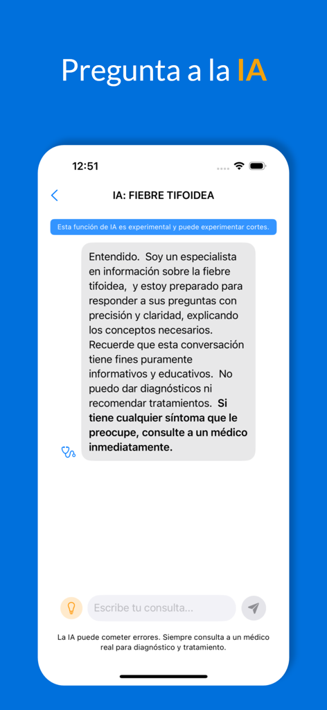 AI chat interface in Spanish for medical diagnosis queries within the CIE 10 and 11 app