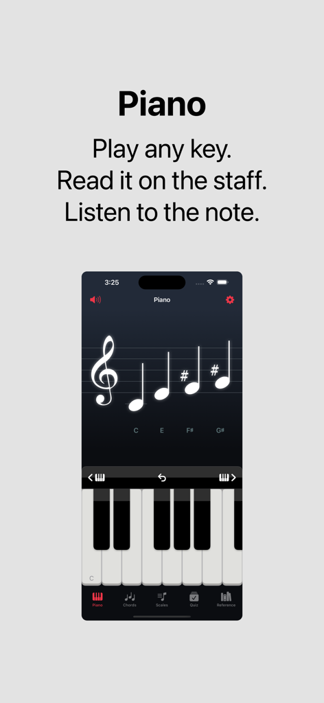 Nota - Chords & Scales Piano - Screenshot der Nota-App, die eine Klaviertastatur und die entsprechende Notenlinien-Notation zeigt.