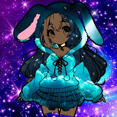 pretty anime girl wearing a fluffy hoodie with bunny ears on the hood and a skirt