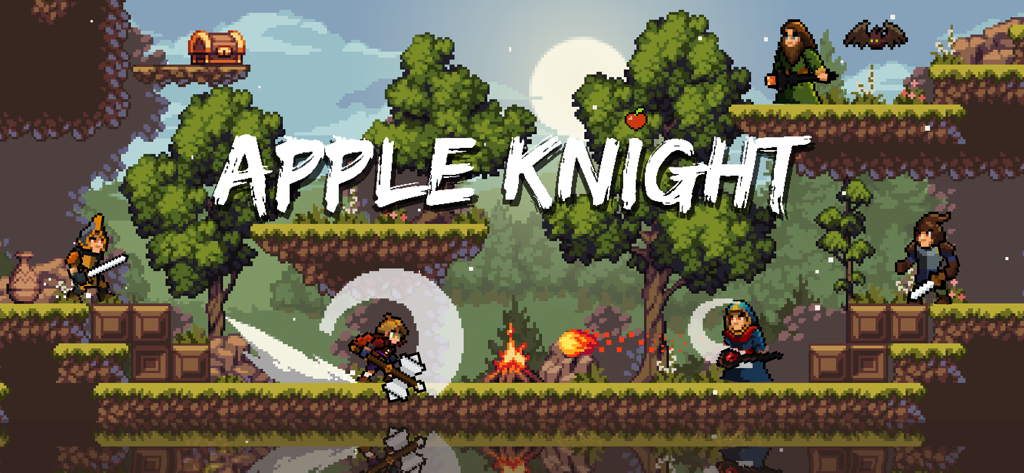 Apple Knight - Cena de jogo de plataforma de ação pixel art 2D de Apple Knight com herói e inimigos de fantasia