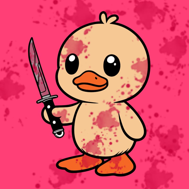 plushie duck standing up holding kinfe