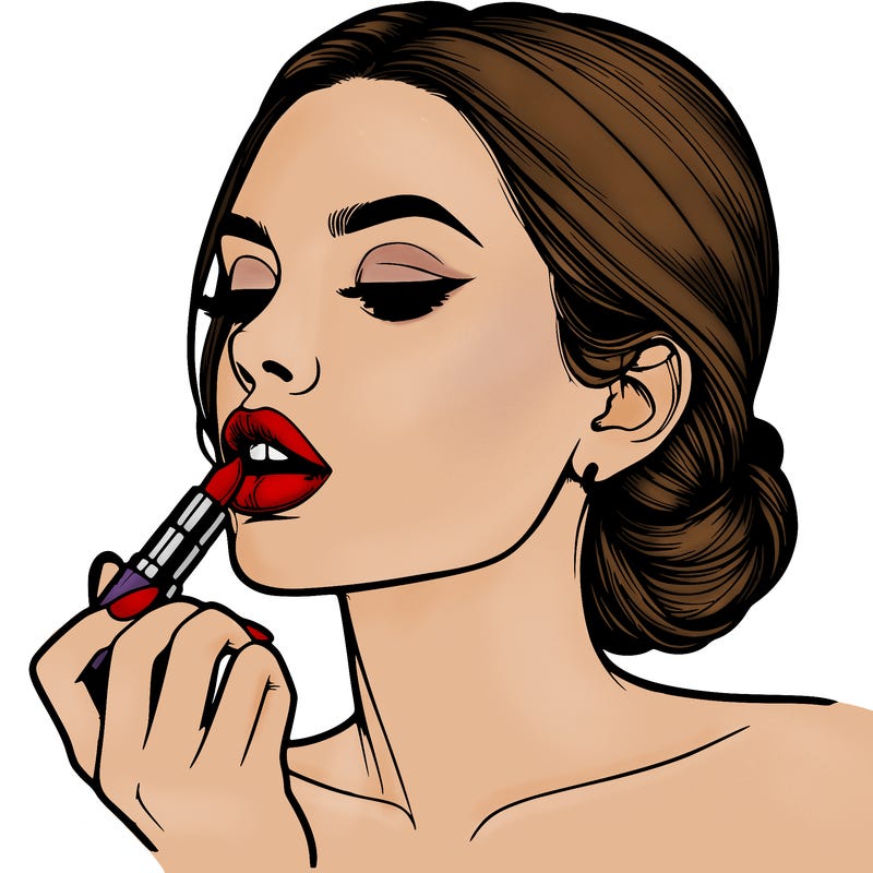 realistic woman putting on lipstick