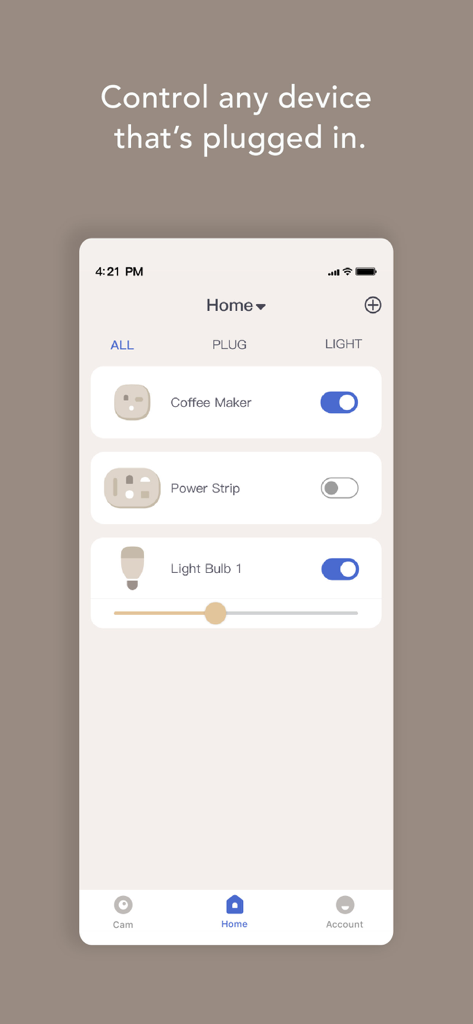 Nooie - Nooie App-Oberfläche mit Bedienelementen für eine Smart-Kaffeemaschinen-Steckdosenleiste und eine Glühbirne mit Kippschaltern und einem Helligkeitsregler