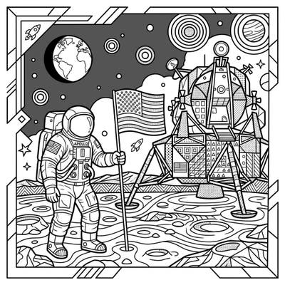 Journey to the stars with this dynamic Apollo Missions Pop Art coloring page! Relive the iconic moon landing, featuring an astronaut, the American flag, and a lunar module, all rendered in a striking Pop Art style ready for your vibrant colors.