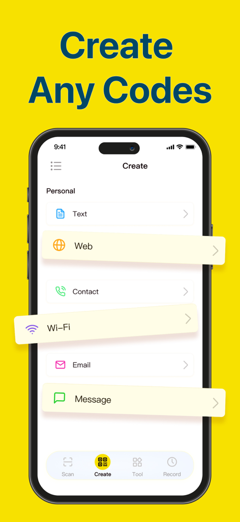 QR Code Reader & Barcode · - Mobile screen displaying options to create custom QR codes for web contacts and wifi