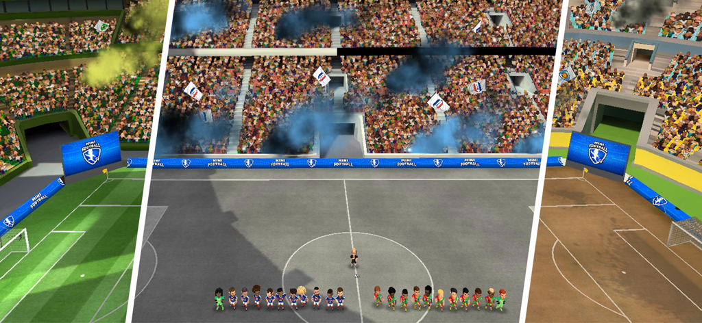 Vue divisée montrant différents environnements de stade de football et les alignements d'équipes dans Mini Football