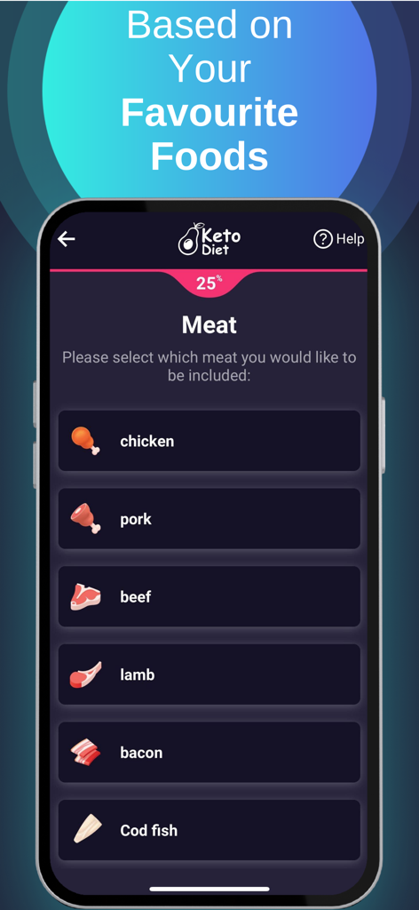 Your Keto Diet - Your Keto Diet app onboarding screen for selecting preferred meat types during the personalized quiz