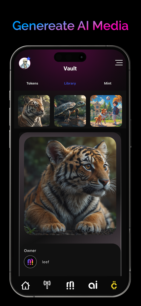 Interface of the Raiinmaker app showing the Vault section with a library of AI-generated images including a tiger cub.