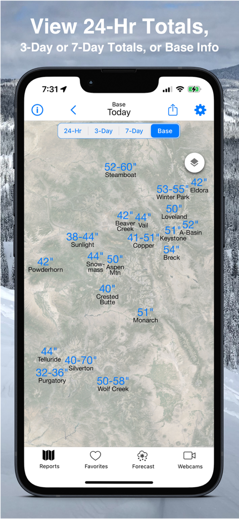 Colorado Snow Map & Webcams - Colorado Snow Map app showing snow base totals for ski resorts on a map