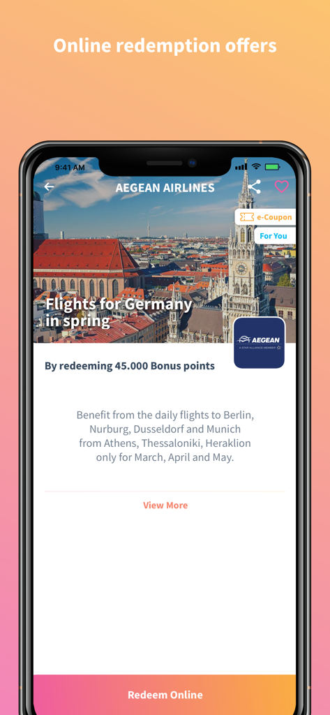 Mobile screen of Bonus by Alpha Bank app showing an online redemption offer for Aegean Airlines flights