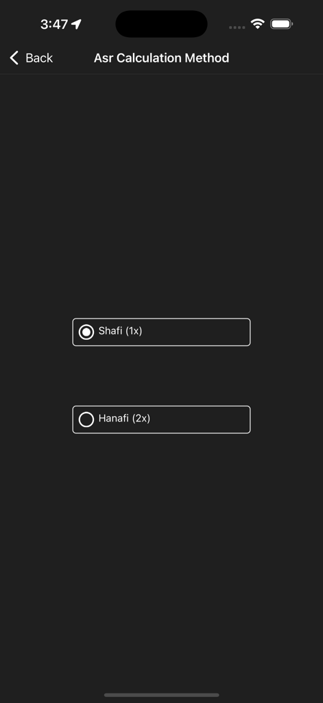 Ramadan Dashboard - Asr calculation method selection screen with Shafi and Hanafi options
