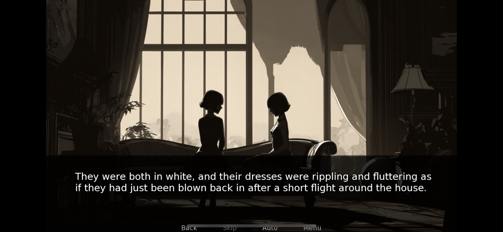 Great Gatsby - Uma ilustração em silhueta de duas mulheres sentadas em um sofá em uma sala grandiosa do aplicativo Great Gatsby.