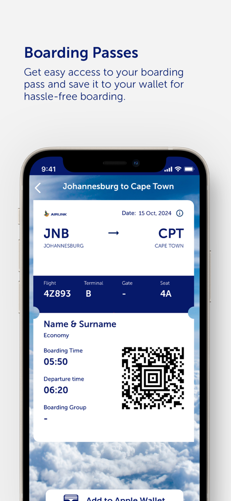 Fly Airlink app showing a digital boarding pass for a flight from Johannesburg to Cape Town on a smartphone