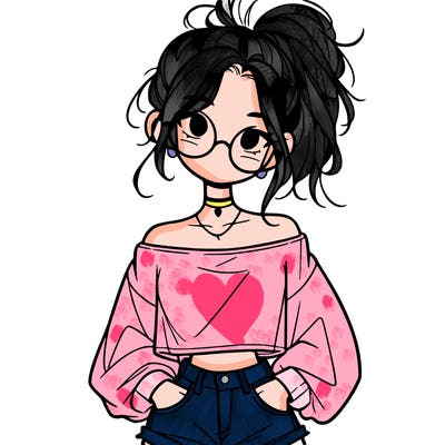 girl with a messy ponytail glasses a baggy crop top and jean shorts