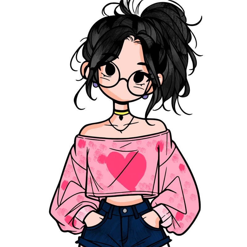 girl with a messy ponytail glasses a baggy crop top and jean shorts