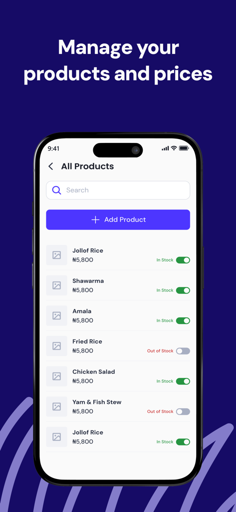 Swoop Rider - Mobile app screen showing a product inventory list with prices and stock availability toggles.