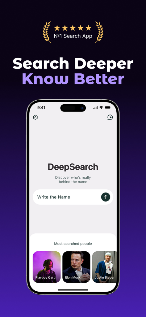 DeepSearch AI app home screen with a person search feature and trending celebrities like Elon Musk