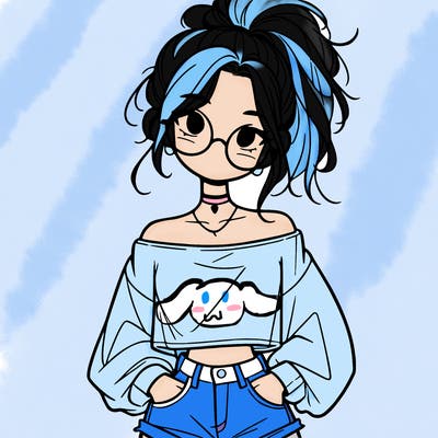 girl with a messy ponytail glasses a baggy crop top and jean shorts