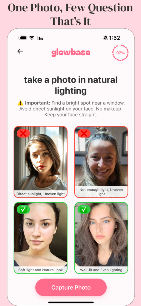 Glowbase - Glowbase app screen showing instructions and examples for taking a selfie in natural lighting for AI color analysis.