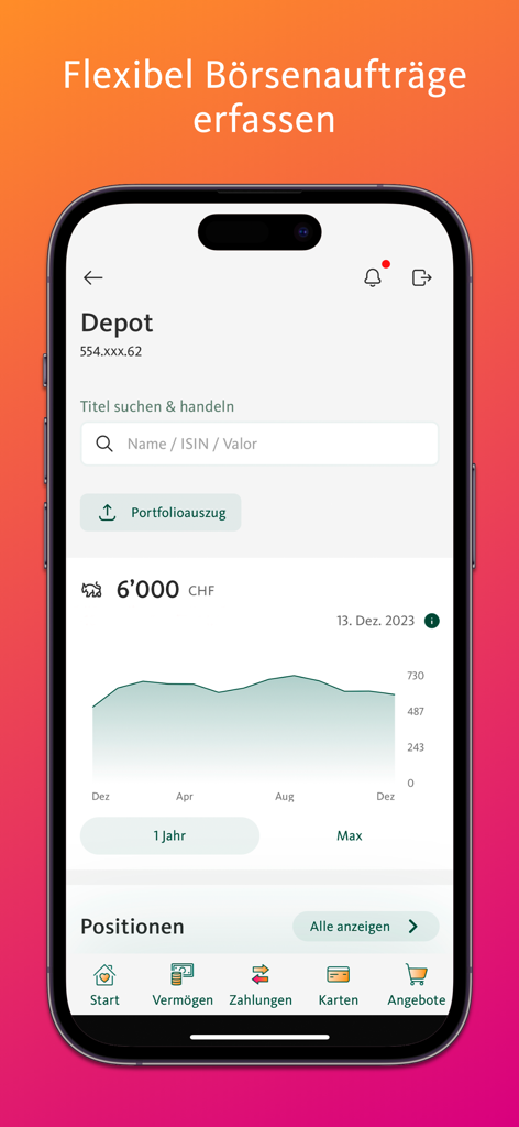 Migros Bank E-Banking - La aplicación Migros Bank E-Banking muestra una cartera de inversión con gráfico de rendimiento y opciones de búsqueda de acciones