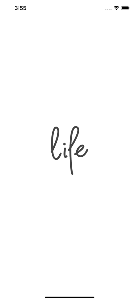 Startbildschirm der MovingLife-App mit dem Wort „life“ in einer handschriftlichen Schreibschrift.