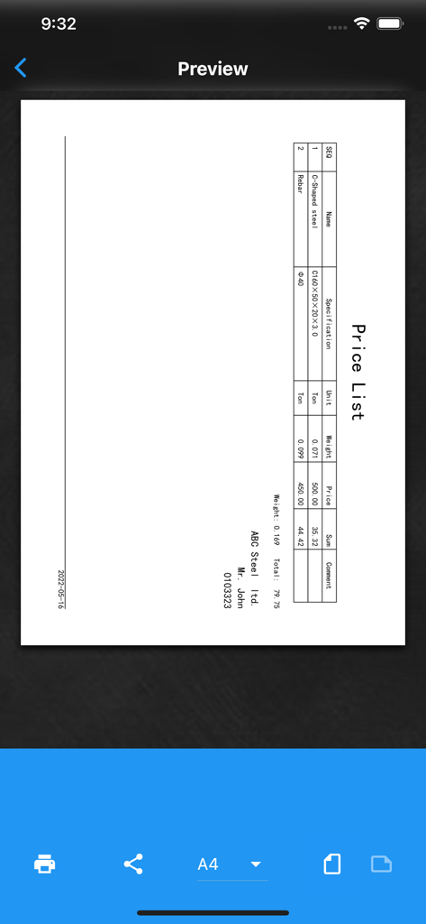 Steel weight calculator Pro - Vista previa de un informe generado de lista de pesos y precios de acero que muestra especificaciones de materiales y costes desglosados.