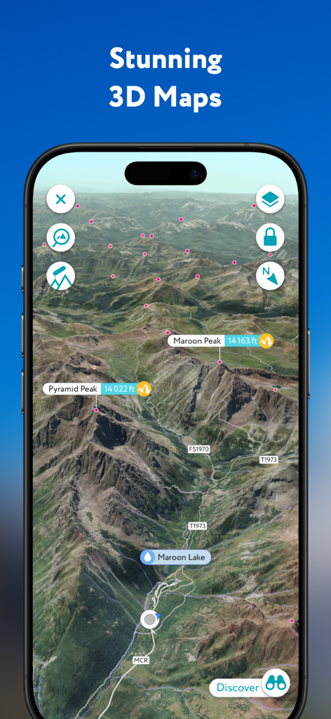 PeakVisor-App mit einer hochpräzisen topografischen 3D-Karte mit beschrifteten Berggipfeln und Wanderwegen