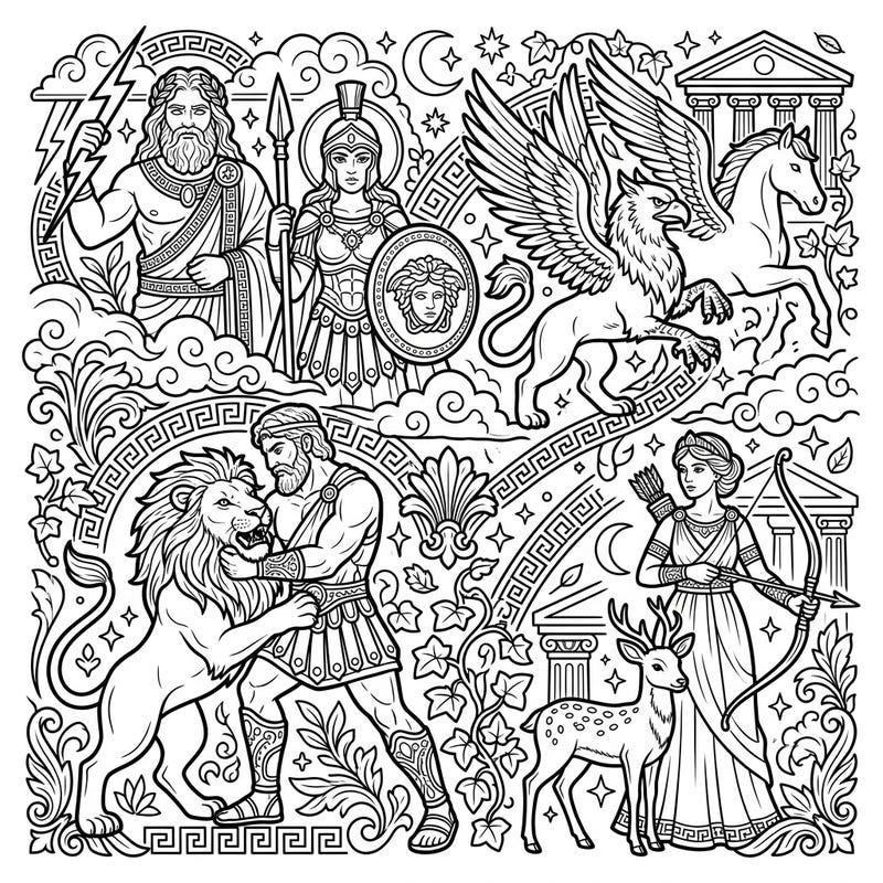 Dive into the world of ancient myths with this captivating coloring page featuring legendary gods, powerful heroes, and fantastical creatures. Perfect for coloring enthusiasts of all ages eager to bring epic tales to life with their own vibrant palette.