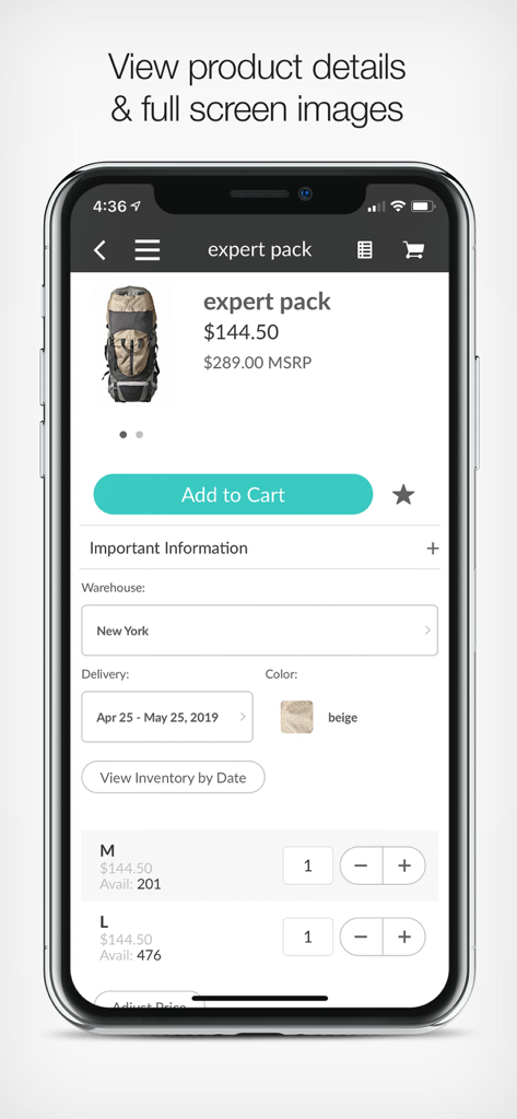 NuORDER 4.0 mobile app displaying product details price and inventory for wholesale ordering